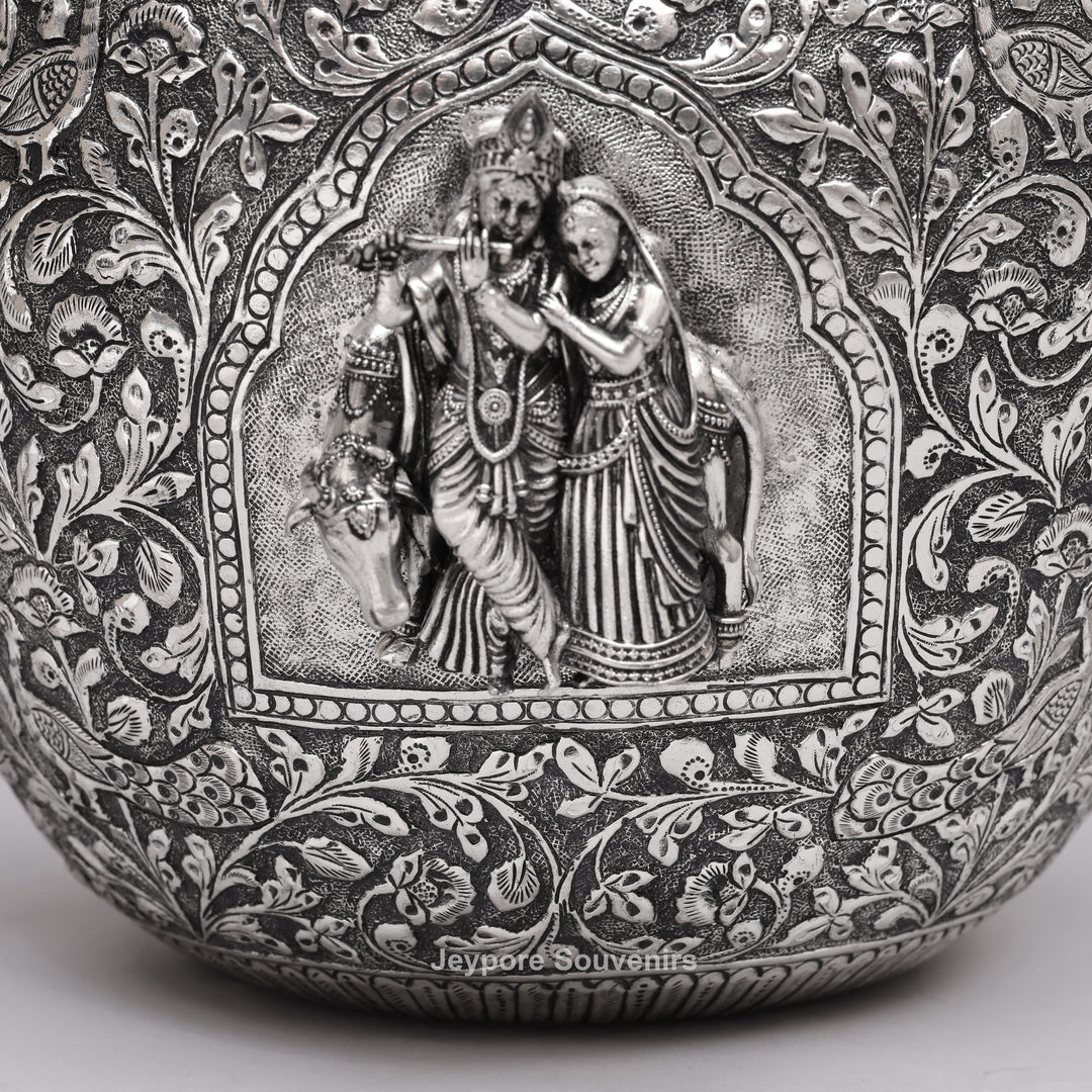 Handcrafted Oxidized Copper Silver Polish Floral Vase with Intricate Carving Art