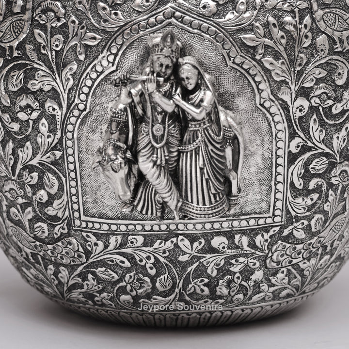 Handcrafted Oxidized Copper Silver Polish Floral Vase with Intricate Carving Art