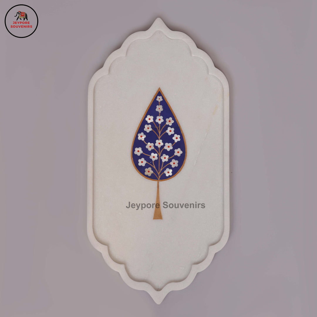 Handcrafted White Marble Blue Floral Tree of Life Inlay Plate