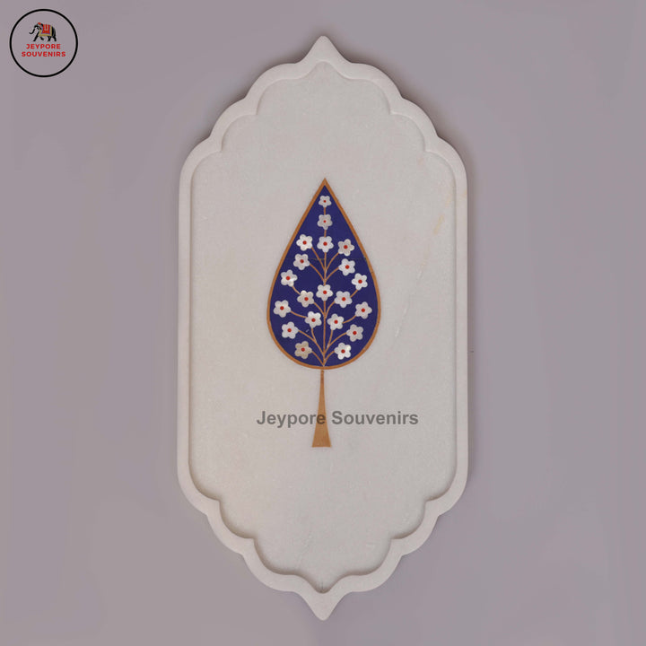 Handcrafted White Marble Blue Floral Tree of Life Inlay Plate
