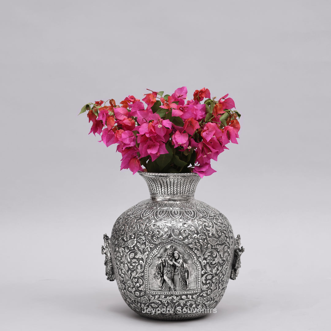 Handcrafted Oxidized Copper Silver Polish Floral Vase with Intricate Carving Art