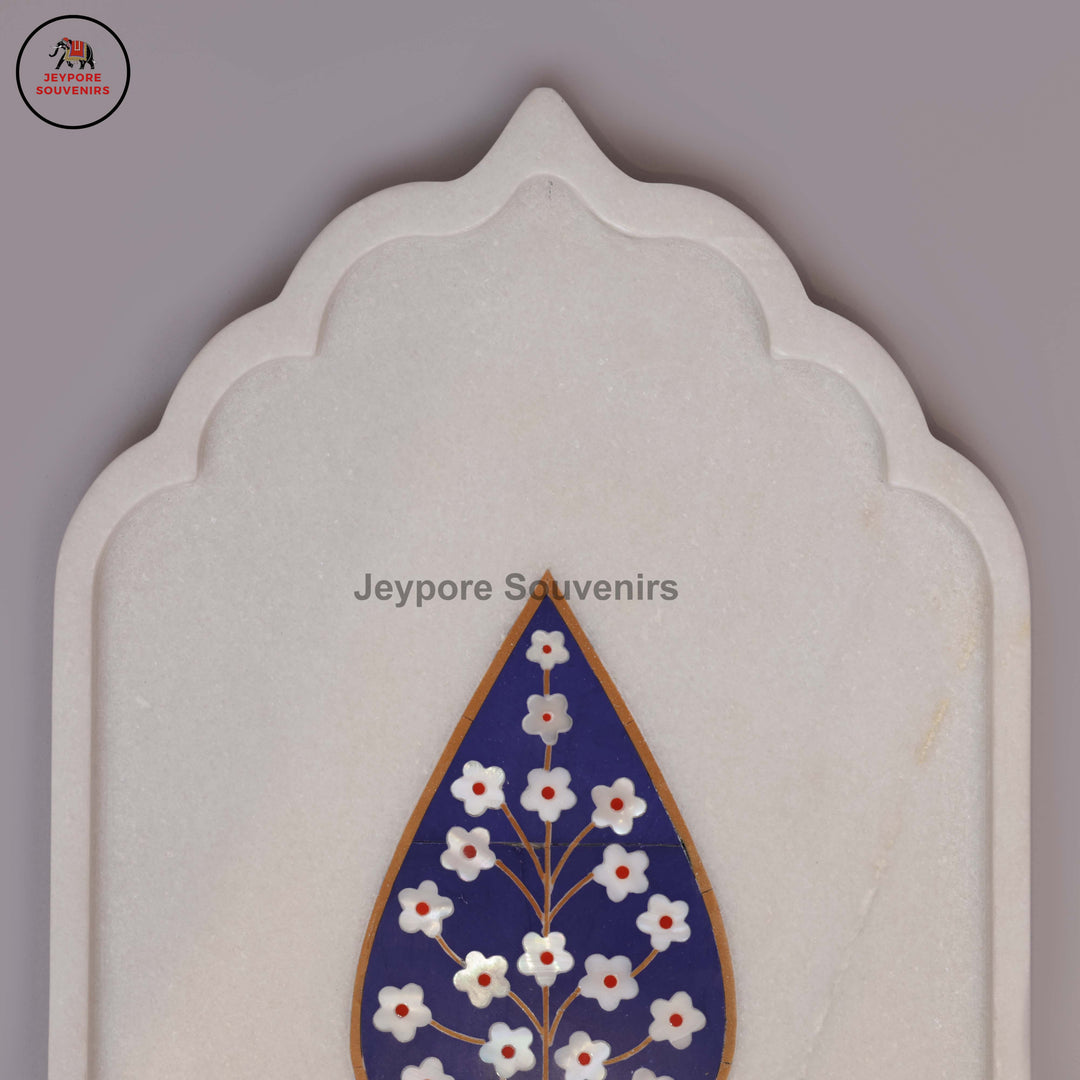 Handcrafted White Marble Blue Floral Tree of Life Inlay Plate