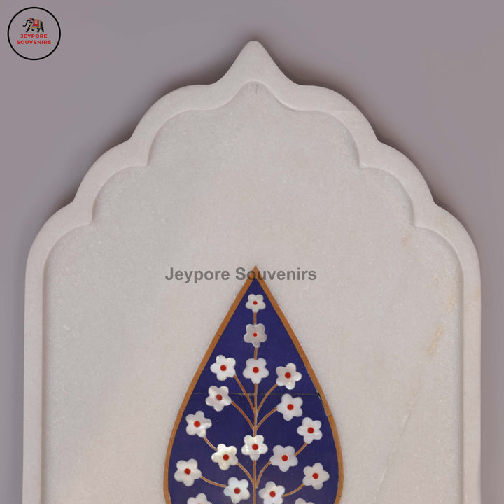 Handcrafted White Marble Blue Floral Tree of Life Inlay Plate