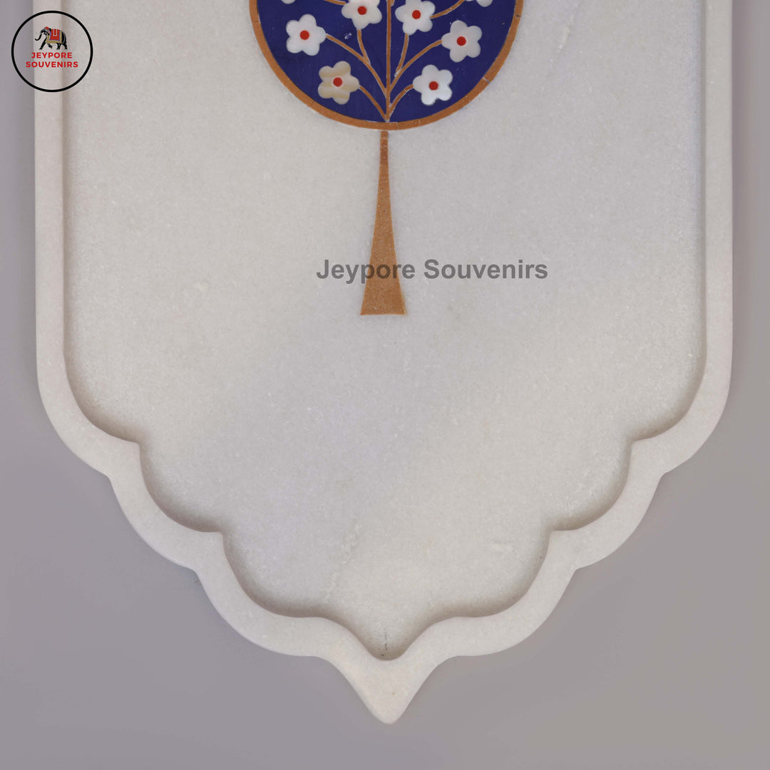 Handcrafted White Marble Blue Floral Tree of Life Inlay Plate
