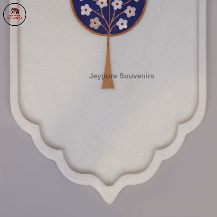 Handcrafted White Marble Blue Floral Tree of Life Inlay Plate
