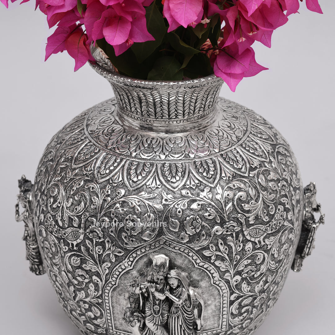 Handcrafted Oxidized Copper Silver Polish Floral Vase with Intricate Carving Art