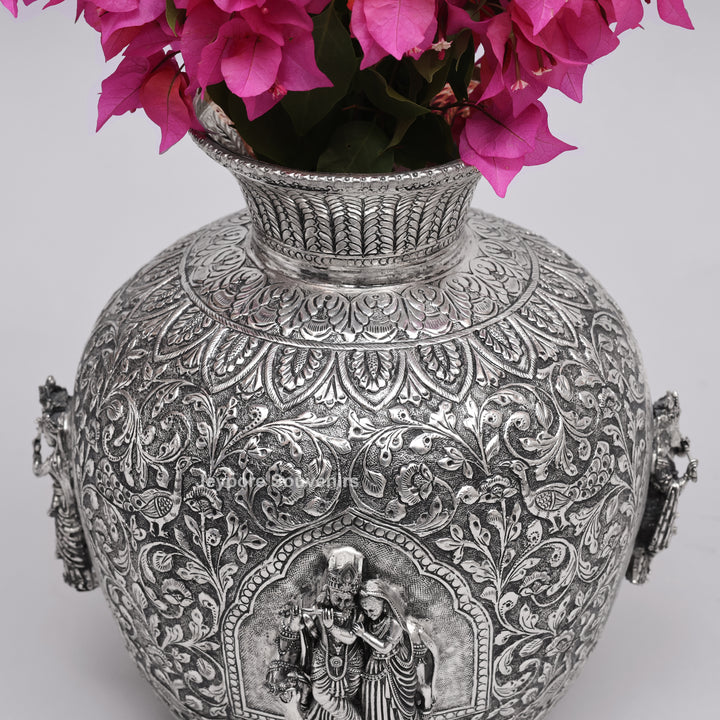 Handcrafted Oxidized Copper Silver Polish Floral Vase with Intricate Carving Art