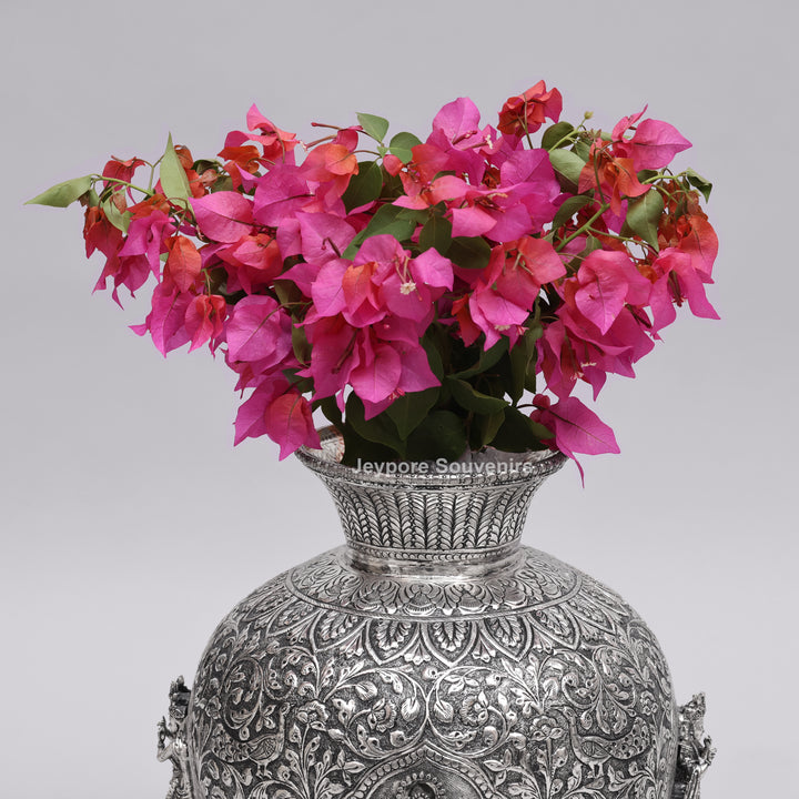 Handcrafted Oxidized Copper Silver Polish Floral Vase with Intricate Carving Art