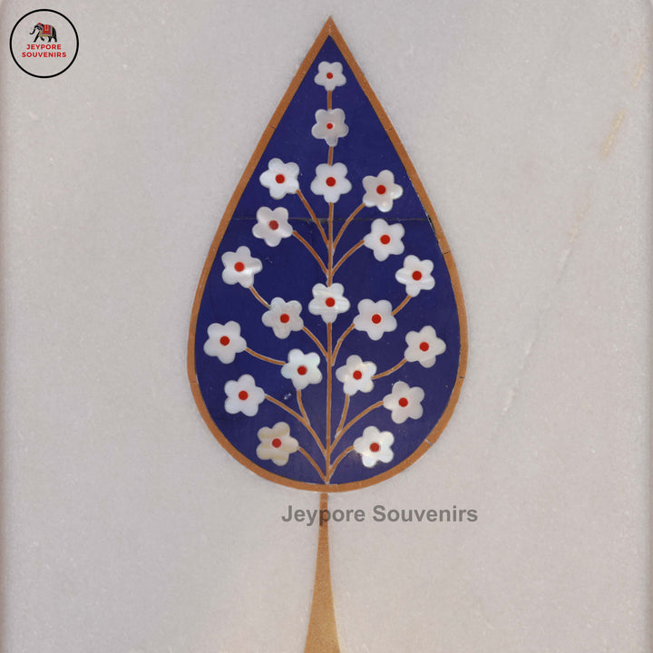 Handcrafted White Marble Blue Floral Tree of Life Inlay Plate
