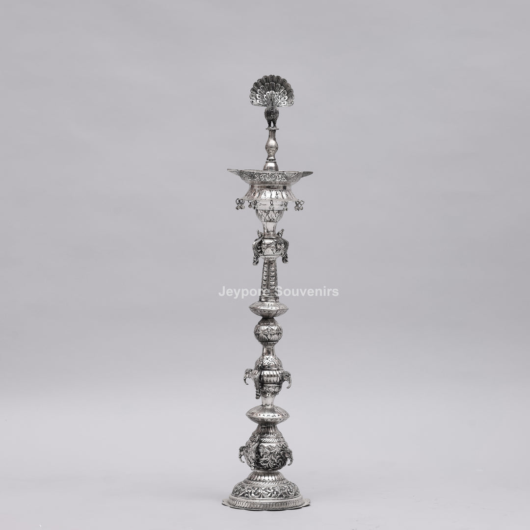 Handcrafted Oxidized Silver-Plated Peacock Deepam oil Lamp