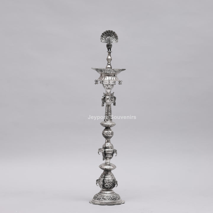 Handcrafted Oxidized Silver-Plated Peacock Deepam oil Lamp