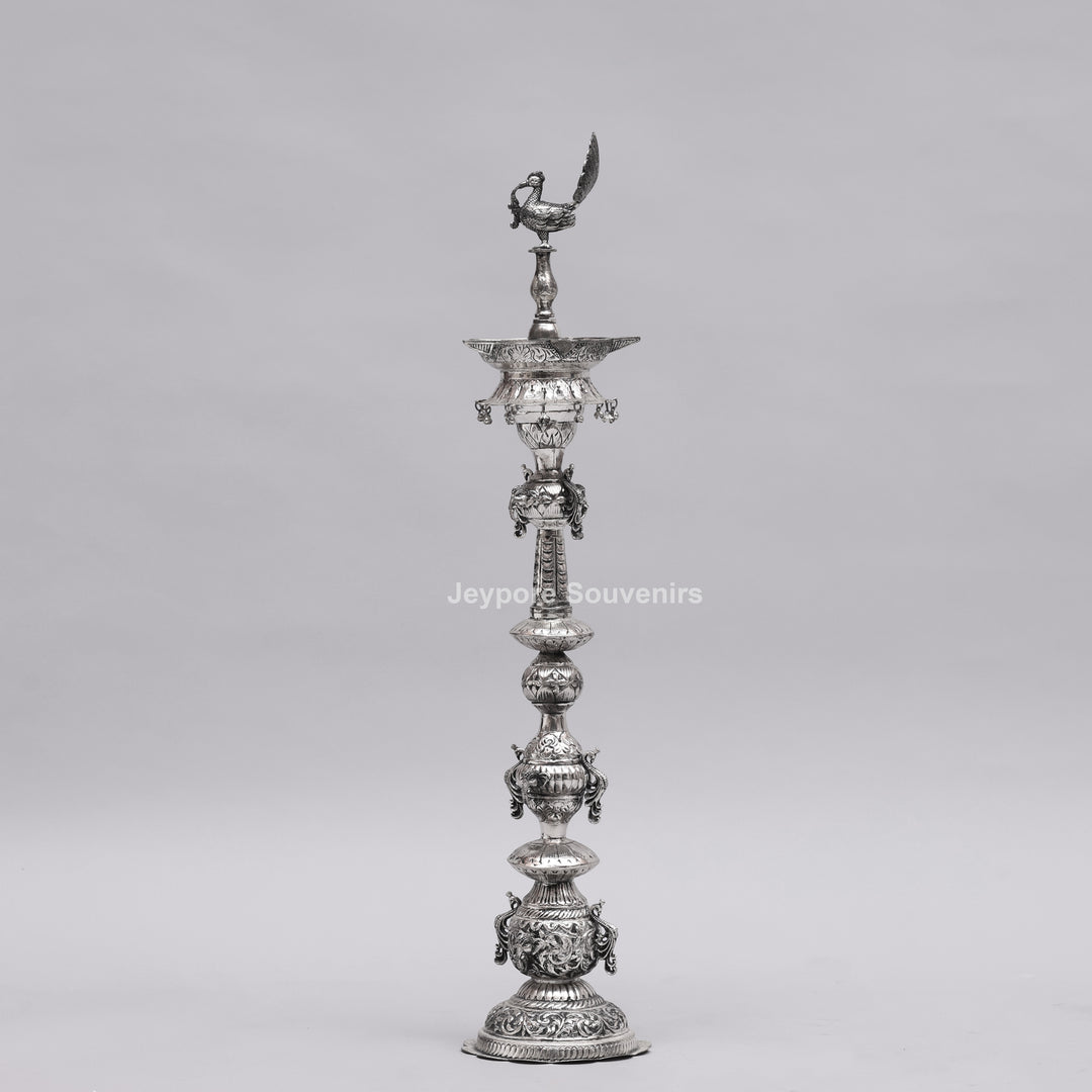 Handcrafted Oxidized Silver-Plated Peacock Deepam oil Lamp