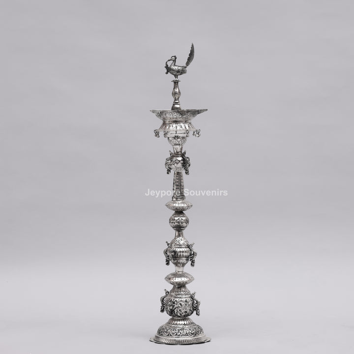 Handcrafted Oxidized Silver-Plated Peacock Deepam oil Lamp