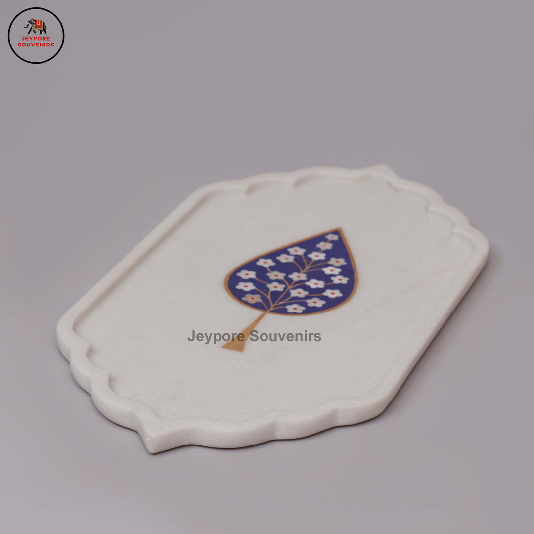 Handcrafted White Marble Blue Floral Tree of Life Inlay Plate