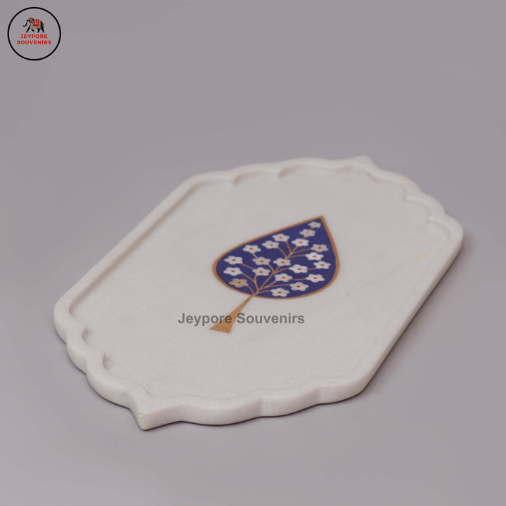 Handcrafted White Marble Blue Floral Tree of Life Inlay Plate