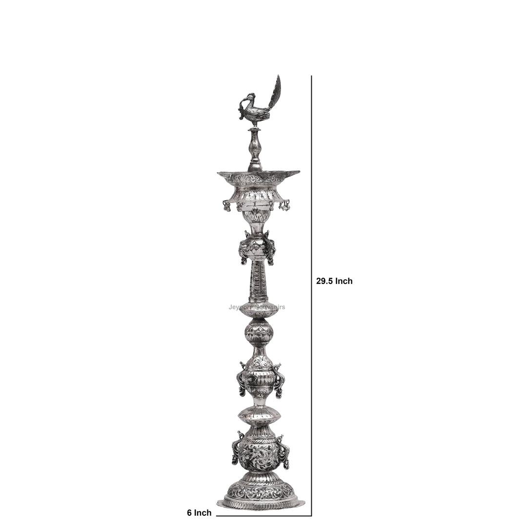 Handcrafted Oxidized Silver-Plated Peacock Deepam oil Lamp