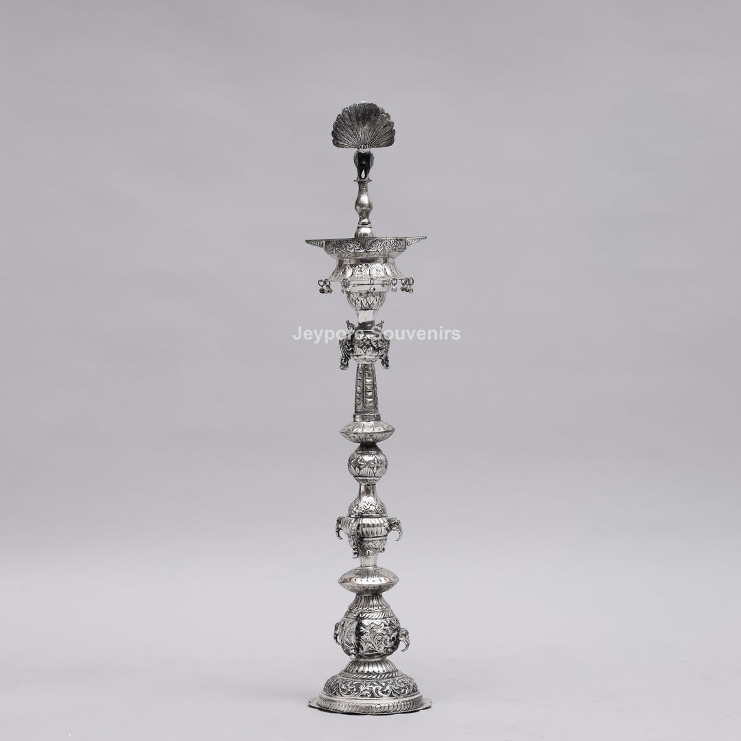 Handcrafted Oxidized Silver-Plated Peacock Deepam oil Lamp