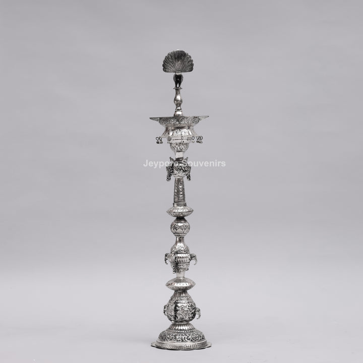 Handcrafted Oxidized Silver-Plated Peacock Deepam oil Lamp