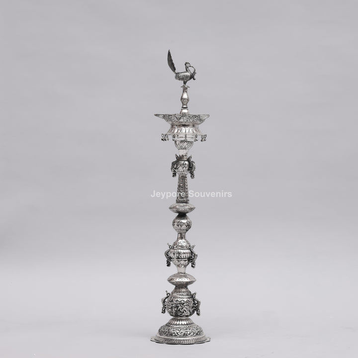 Handcrafted Oxidized Silver-Plated Peacock Deepam oil Lamp