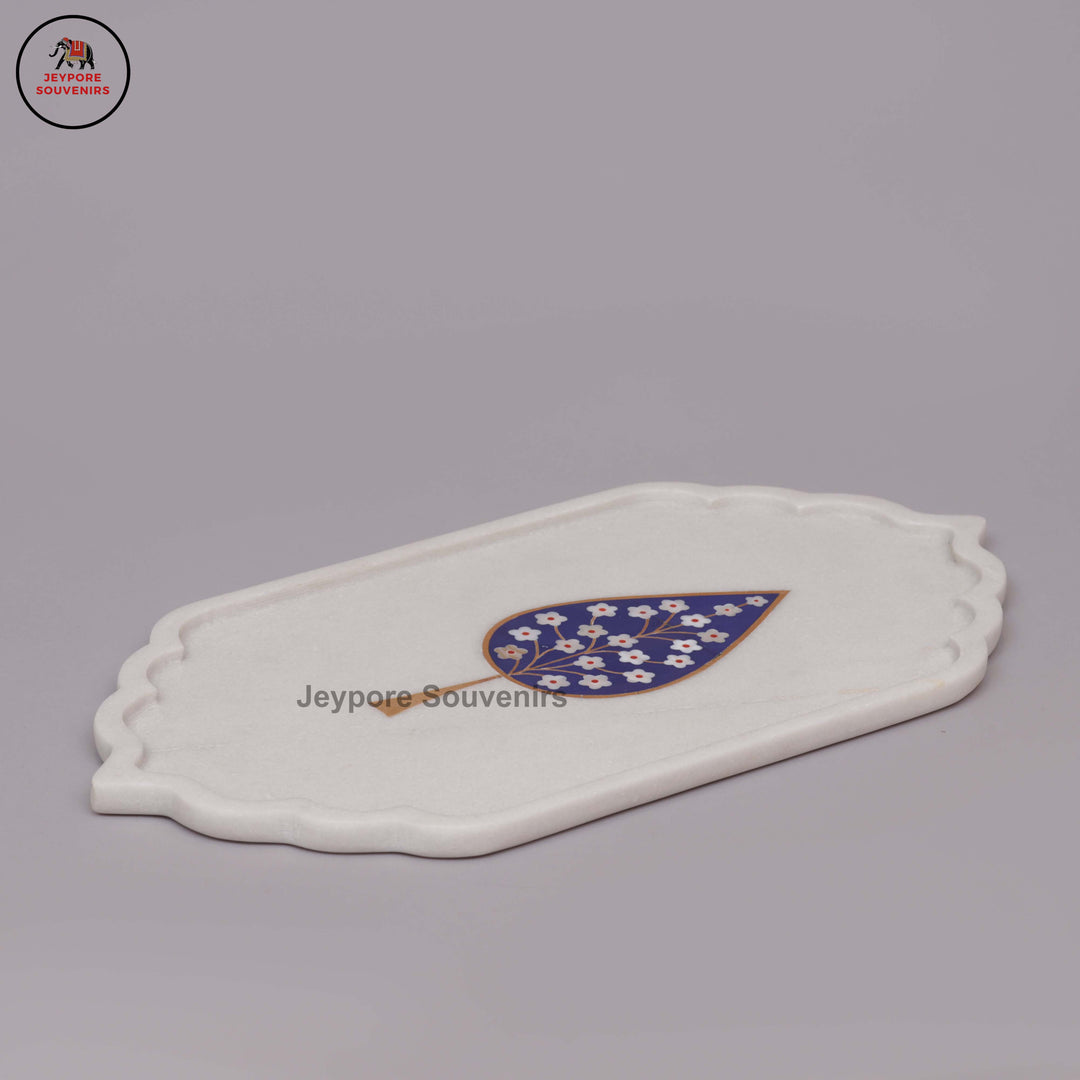 Handcrafted White Marble Blue Floral Tree of Life Inlay Plate