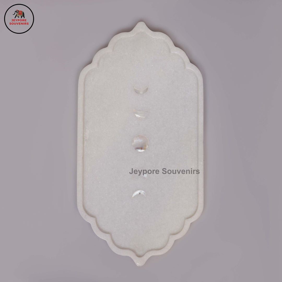 Handcrafted White Marble Mehrab Tray with Celestial Moon Phase Inlay