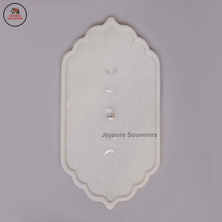 Handcrafted White Marble Mehrab Tray with Celestial Moon Phase Inlay