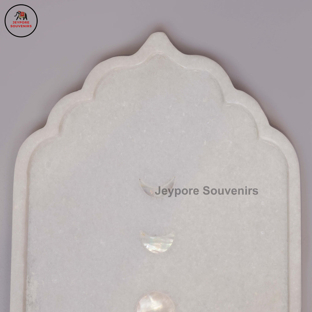 Handcrafted White Marble Mehrab Tray with Celestial Moon Phase Inlay