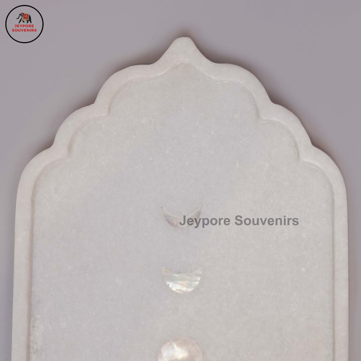 Handcrafted White Marble Mehrab Tray with Celestial Moon Phase Inlay