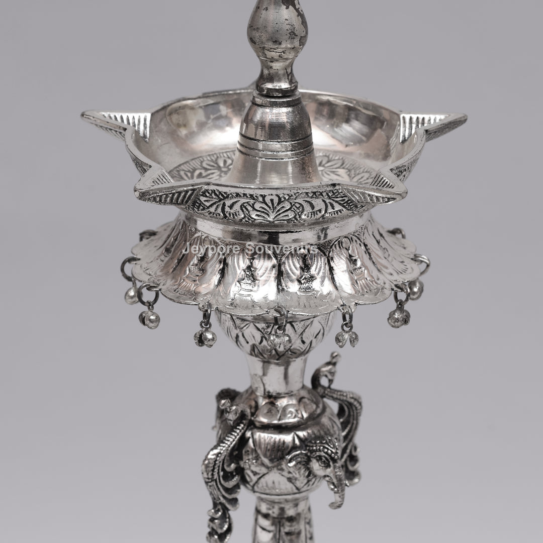 Handcrafted Oxidized Silver-Plated Peacock Deepam oil Lamp