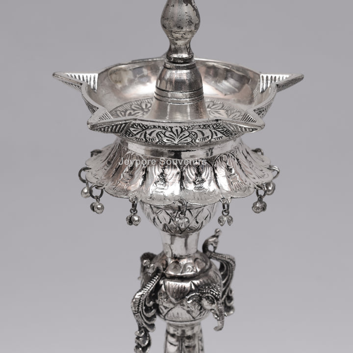Handcrafted Oxidized Silver-Plated Peacock Deepam oil Lamp