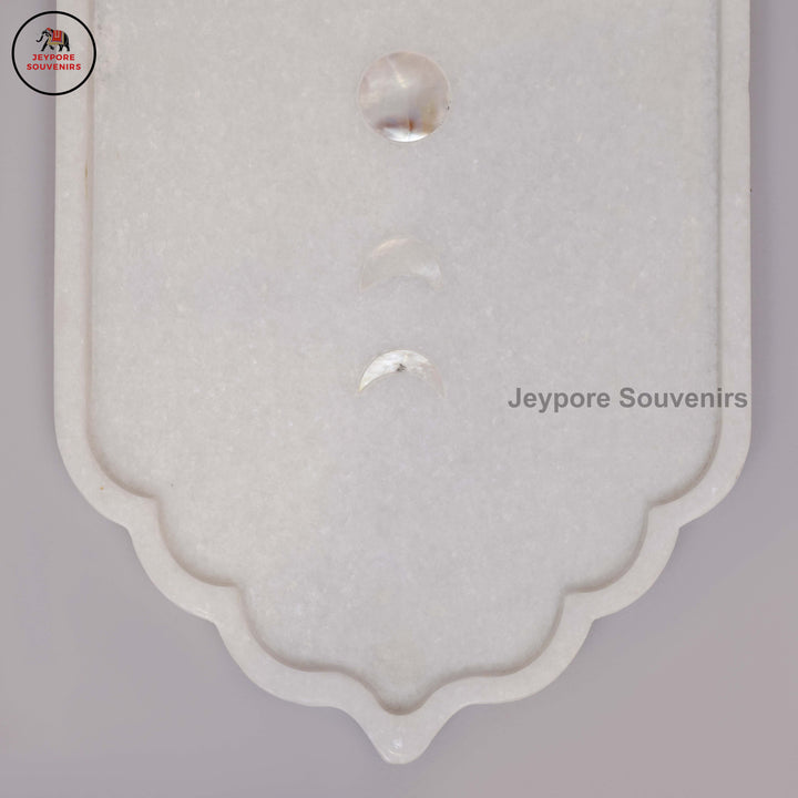 Handcrafted White Marble Mehrab Tray with Celestial Moon Phase Inlay