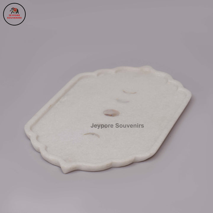 Handcrafted White Marble Mehrab Tray with Celestial Moon Phase Inlay