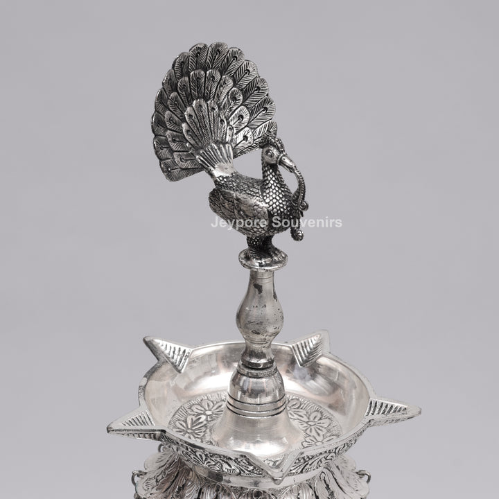 Handcrafted Oxidized Silver-Plated Peacock Deepam oil Lamp