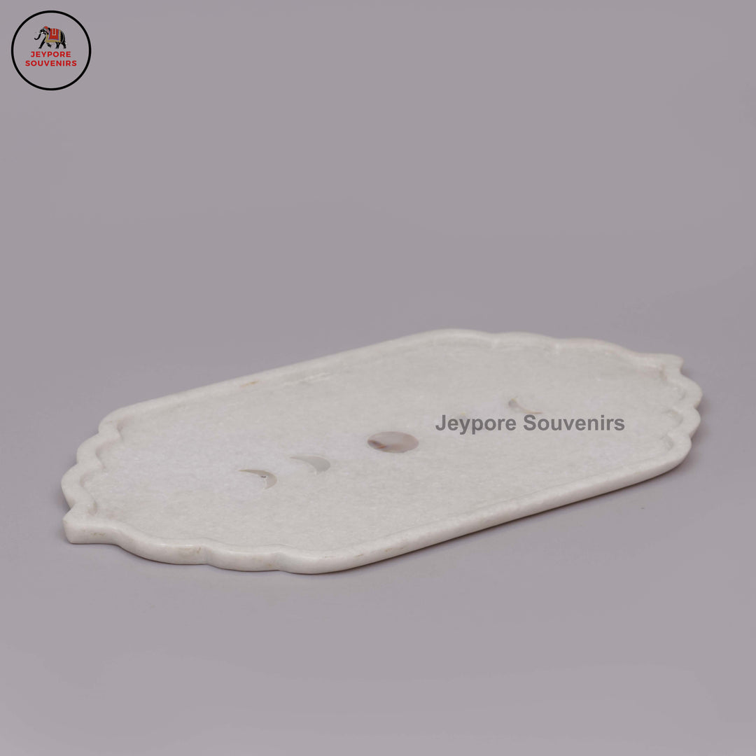 Handcrafted White Marble Mehrab Tray with Celestial Moon Phase Inlay