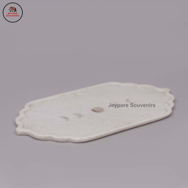 Handcrafted White Marble Mehrab Tray with Celestial Moon Phase Inlay
