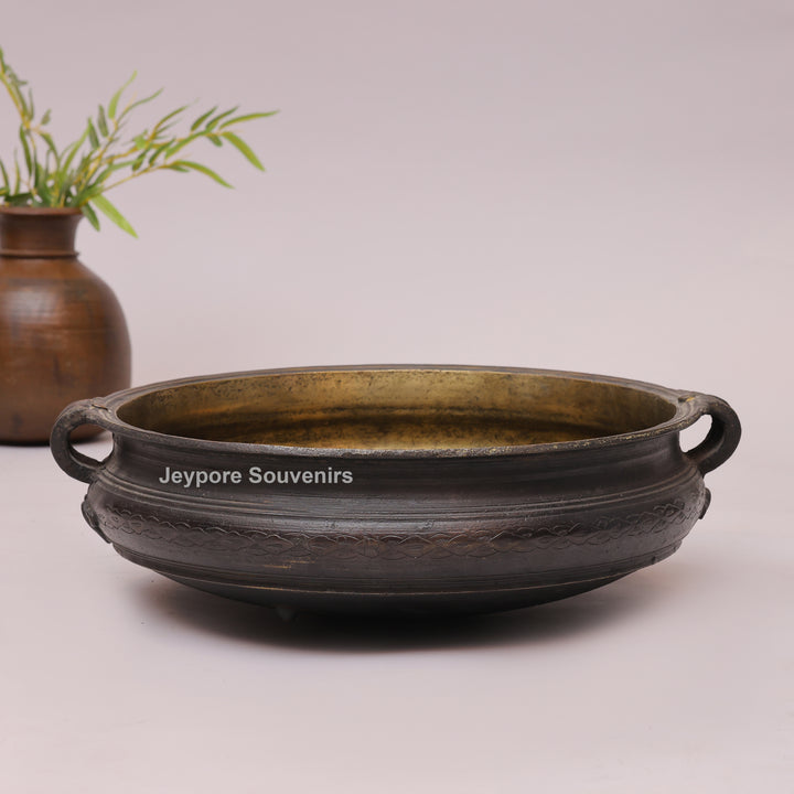 Antique Handcrafted Brass Urli Bowl with Side Handles