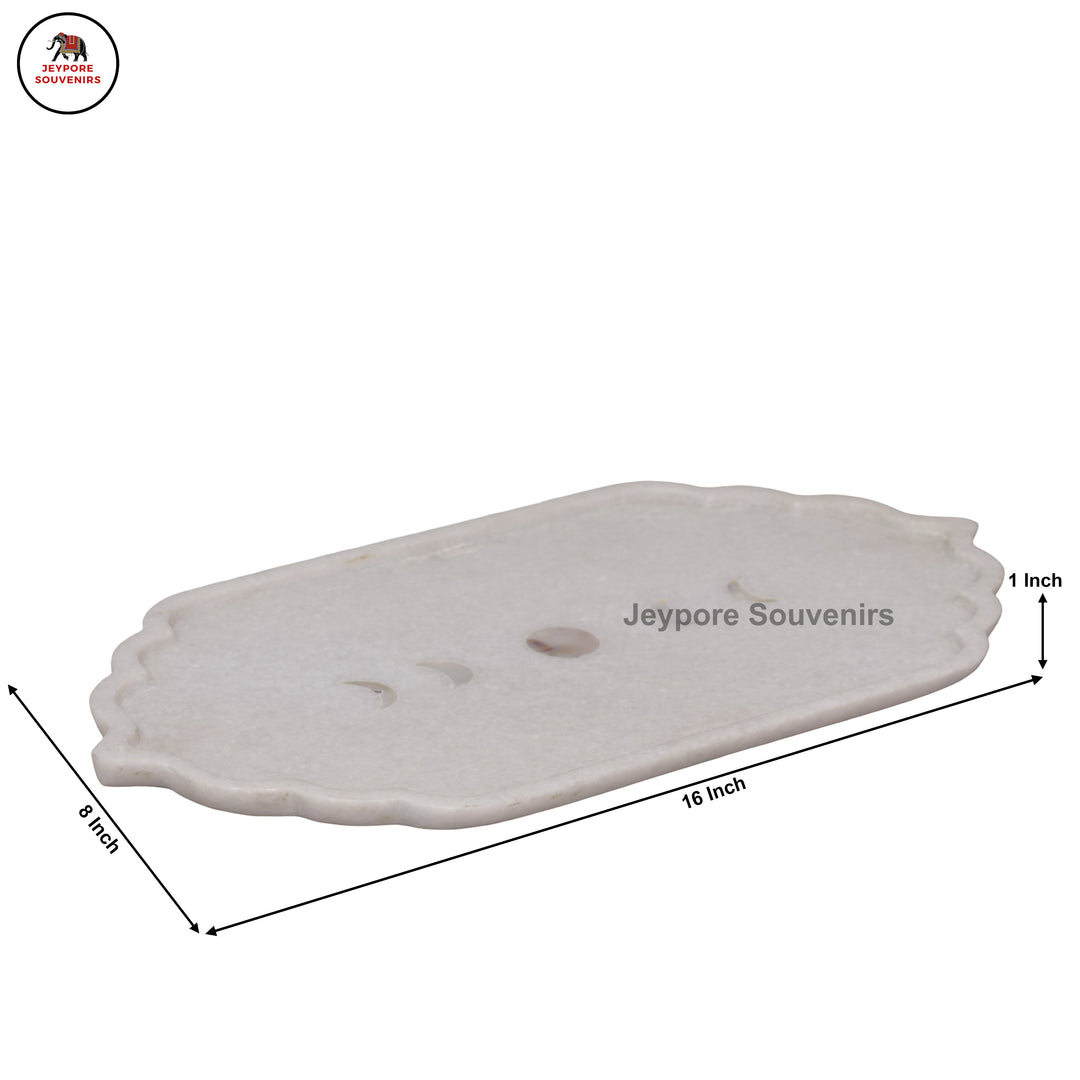 Handcrafted White Marble Mehrab Tray with Celestial Moon Phase Inlay