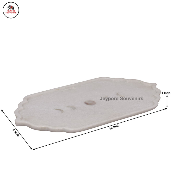 Handcrafted White Marble Mehrab Tray with Celestial Moon Phase Inlay
