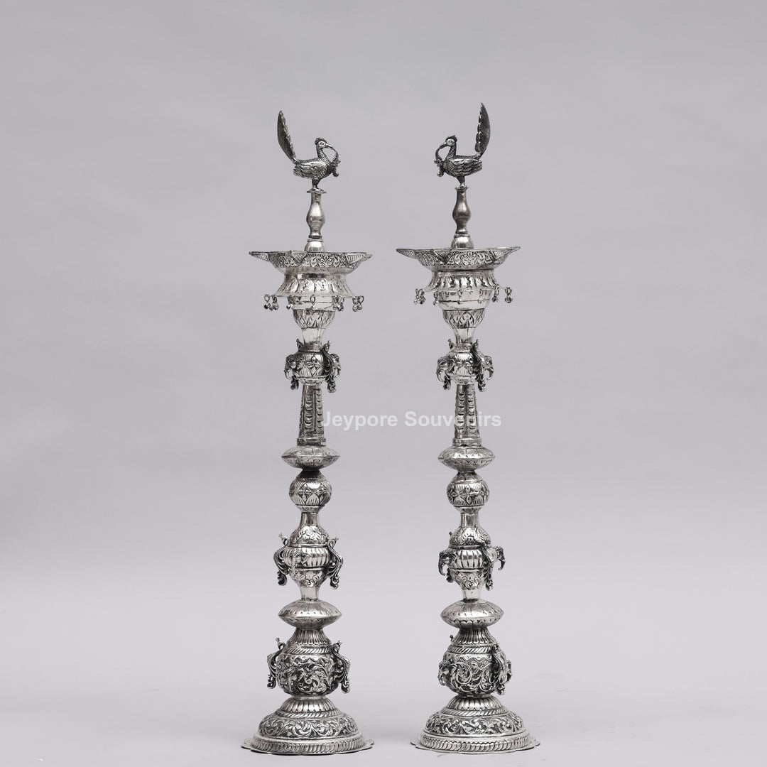 Handcrafted Oxidized Silver-Plated Peacock Deepam oil Lamp