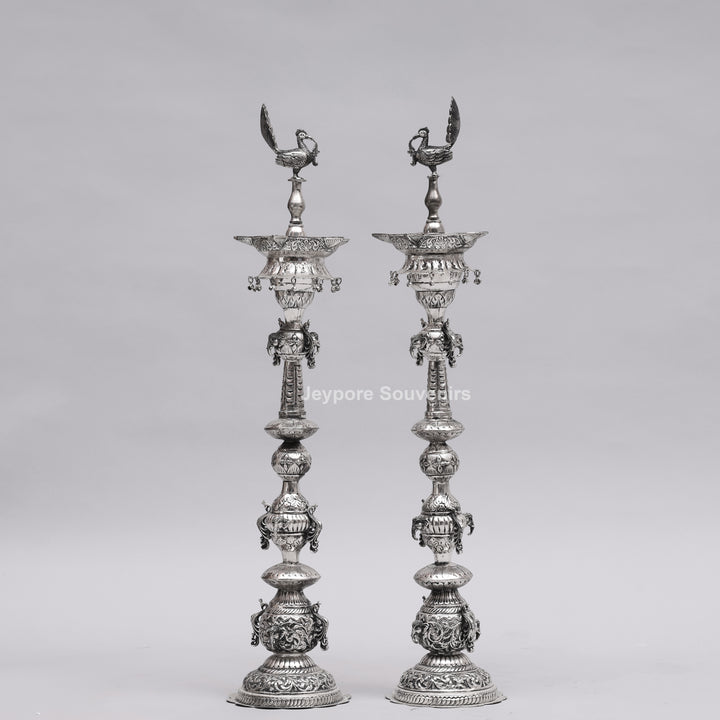 Handcrafted Oxidized Silver-Plated Peacock Deepam oil Lamp