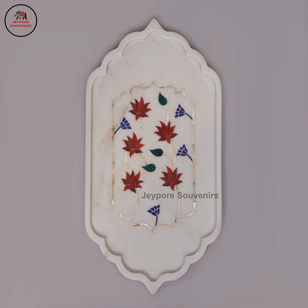 Handcrafted White Marble Inlay Plate with Floral Stonework