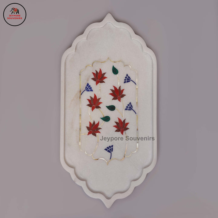 Handcrafted White Marble Inlay Plate with Floral Stonework