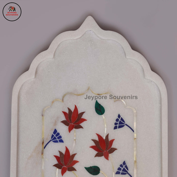 Handcrafted White Marble Inlay Plate with Floral Stonework