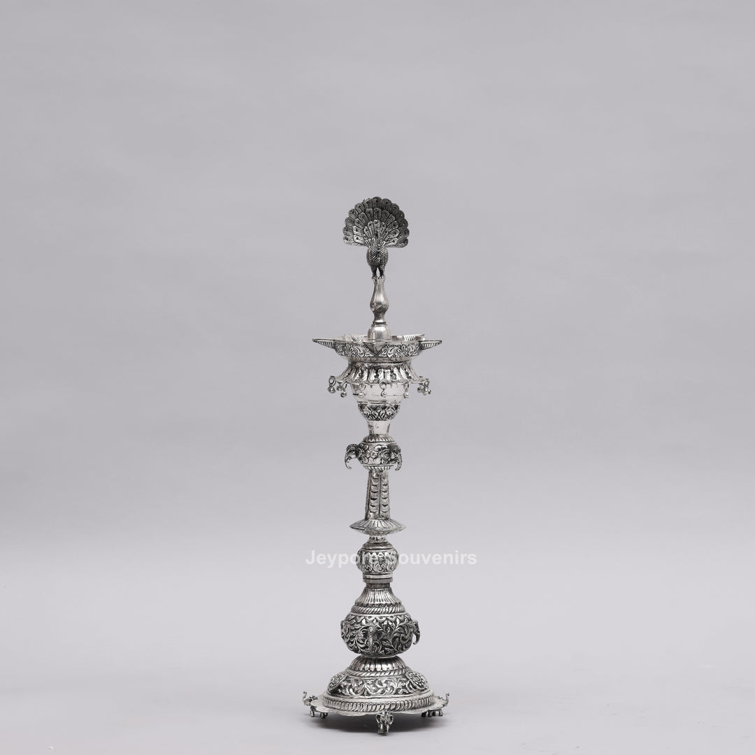 Handcrafted Traditional Indian Oxidized Silver Peacock Oil Lamp