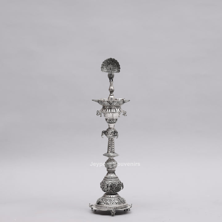 Handcrafted Traditional Indian Oxidized Silver Peacock Oil Lamp