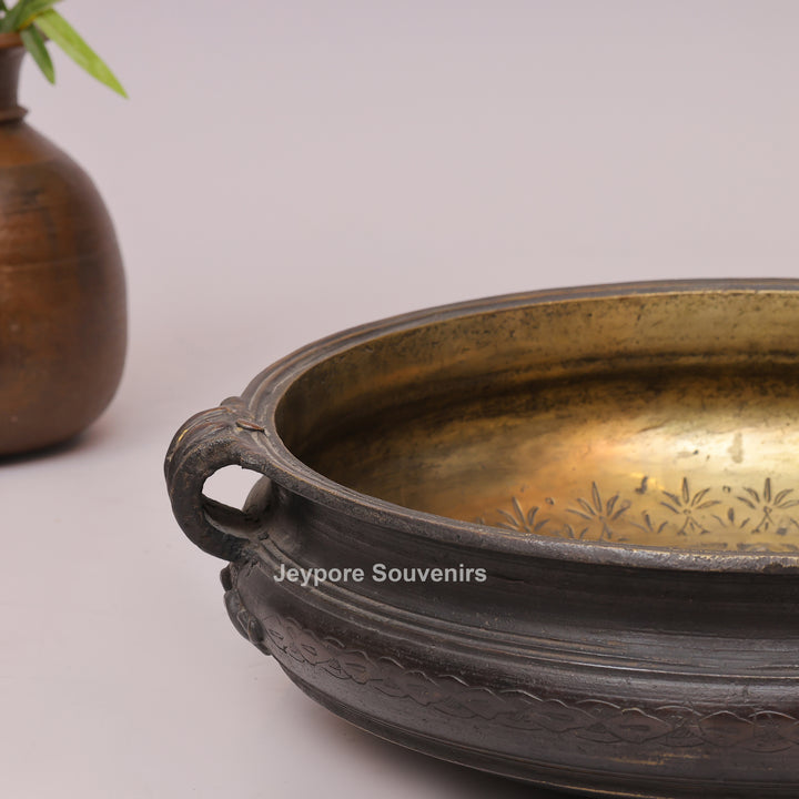 Antique Handcrafted Brass Urli Bowl with Side Handles