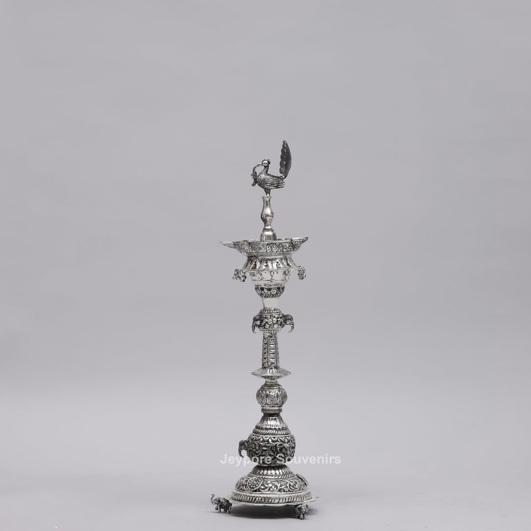 Handcrafted Traditional Indian Oxidized Silver Peacock Oil Lamp