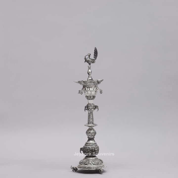 Handcrafted Traditional Indian Oxidized Silver Peacock Oil Lamp