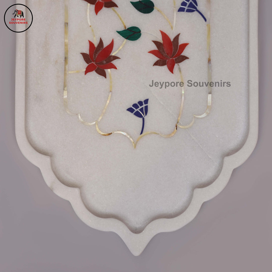 Handcrafted White Marble Inlay Plate with Floral Stonework