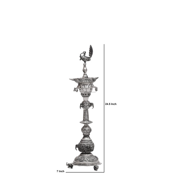Handcrafted Traditional Indian Oxidized Silver Peacock Oil Lamp